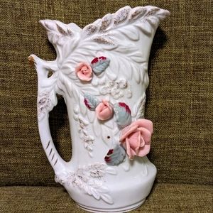 Wales Vintage Creamer/Pitcher Porcelain White W/ Raised Pink Roses Gold Trim